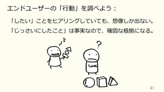 41	
エンドユーザーの「⾏動」を調べよう：
「したい」ことをヒアリングしていても、想像しか出ない。
「じっさいにしたこと」は事実なので、確固な根拠になる。
 