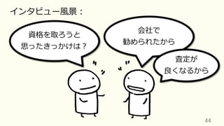 44	
資格を取ろうと
思ったきっかけは？
会社で
勧められたから
査定が
良くなるから
インタビュー⾵景：
 