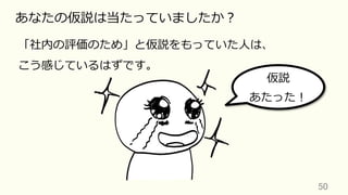 50	
あなたの仮説は当たっていましたか？
「社内の評価のため」と仮説をもっていた⼈は、
こう感じているはずです。
仮説
あたった！
 