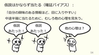 54	
仮説はかならず当たる（確証バイアス）：
「⾃分の興味のある情報ほど、⽬に⼊りやすい」
中途半端に当たるために、むしろ他の⼼理を⾒失う。
仮説
あたった！
他の⼼理は？
仮説
あたった！
 