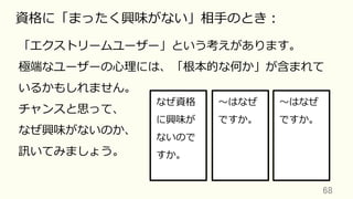 68	
資格に「まったく興味がない」相⼿のとき：
「エクストリームユーザー」という考えがあります。
極端なユーザーの⼼理には、「根本的な何か」が含まれて
いるかもしれません。
チャンスと思って、
なぜ興味がないのか、
訊いてみましょう。
なぜ資格
に興味が
ないので
すか。
〜はなぜ
ですか。
〜はなぜ
ですか。
 
