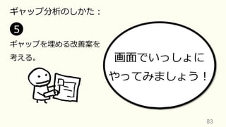 83	
ギャップ分析のしかた：
5
ギャップを埋める改善案を
考える。 画⾯でいっしょに
やってみましょう！
 