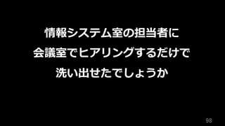 98	
情報システム室の担当者に
会議室でヒアリングするだけで
洗い出せたでしょうか
 