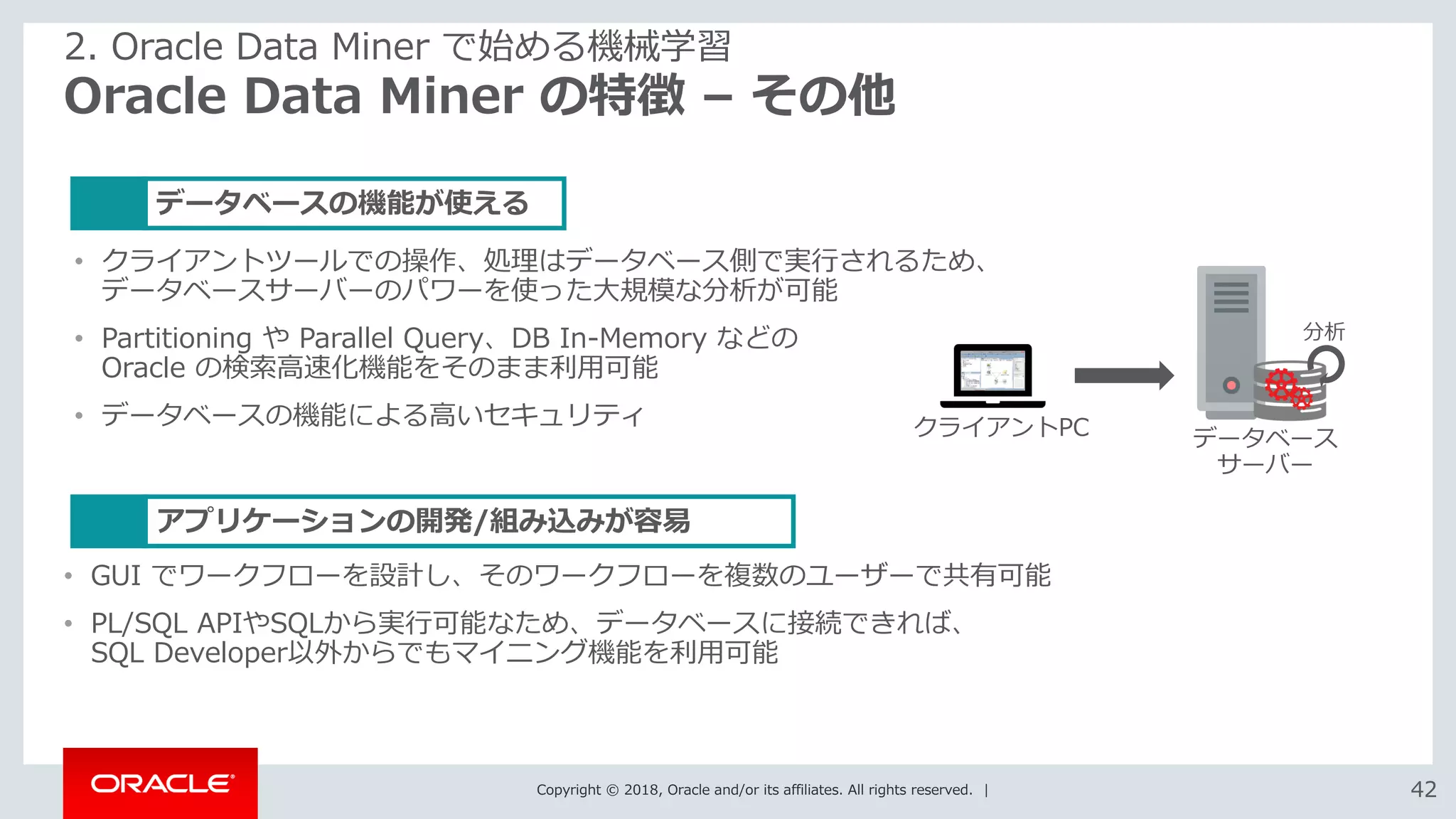 Copyright © 2018, Oracle and/or its affiliates. All rights reserved. | 4242
Oracle Data Miner の特徴 – その他
• GUI でワークフローを設計し、そのワークフローを複数のユーザーで共有可能
• PL/SQL APIやSQLから実行可能なため、データベースに接続できれば、
SQL Developer以外からでもマイニング機能を利用可能
2. Oracle Data Miner で始める機械学習
アプリケーションの開発/組み込みが容易
データベースの機能が使える
• クライアントツールでの操作、処理はデータベース側で実行されるため、
データベースサーバーのパワーを使った大規模な分析が可能
• Partitioning や Parallel Query、DB In-Memory などの
Oracle の検索高速化機能をそのまま利用可能
• データベースの機能による高いセキュリティ
データベース
サーバー
クライアントPC
分析
 