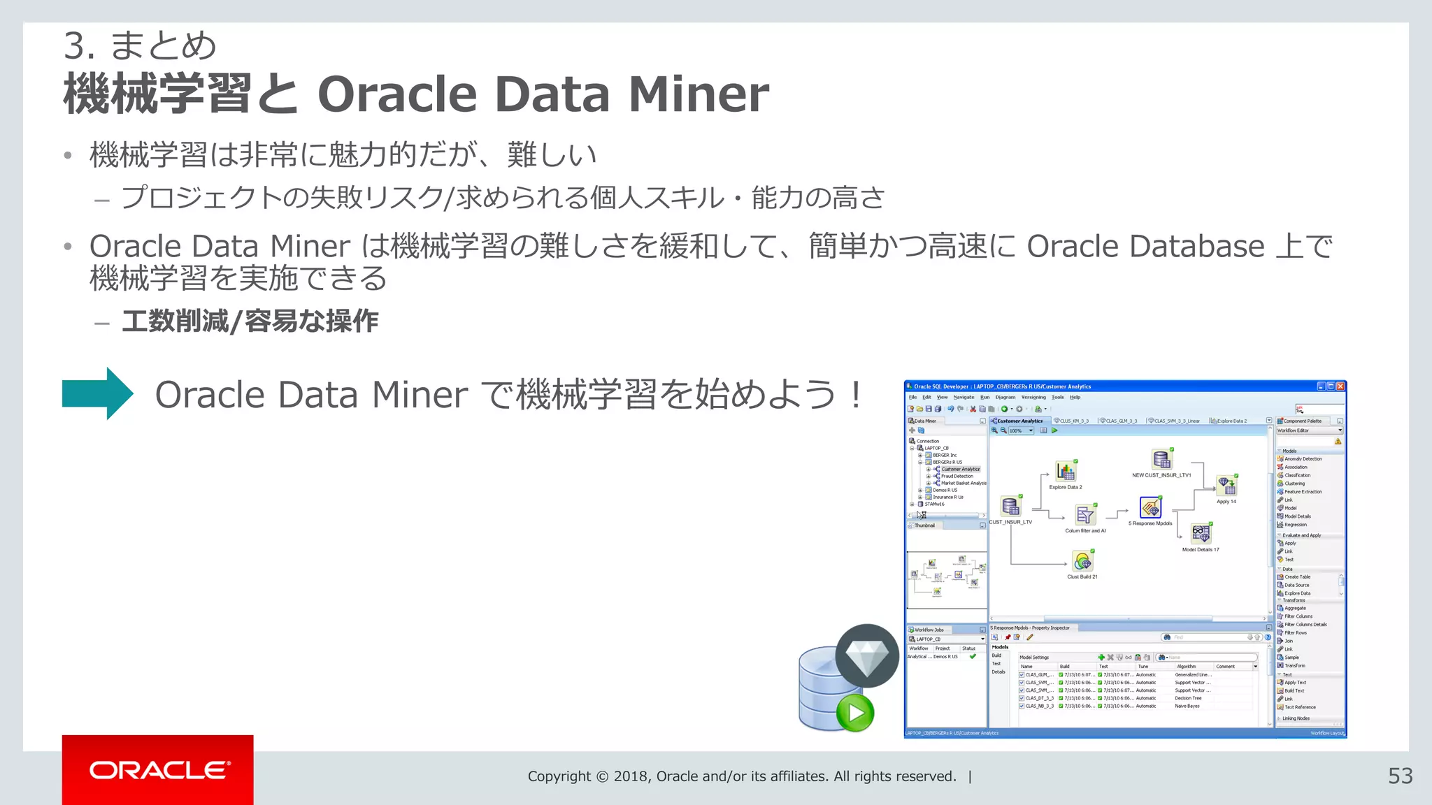Copyright © 2018, Oracle and/or its affiliates. All rights reserved. | 5353
機械学習と Oracle Data Miner
• 機械学習は非常に魅力的だが、難しい
– プロジェクトの失敗リスク/求められる個人スキル・能力の高さ
• Oracle Data Miner は機械学習の難しさを緩和して、簡単かつ高速に Oracle Database 上で
機械学習を実施できる
– 工数削減/容易な操作
3. まとめ
Oracle Data Miner で機械学習を始めよう！
 