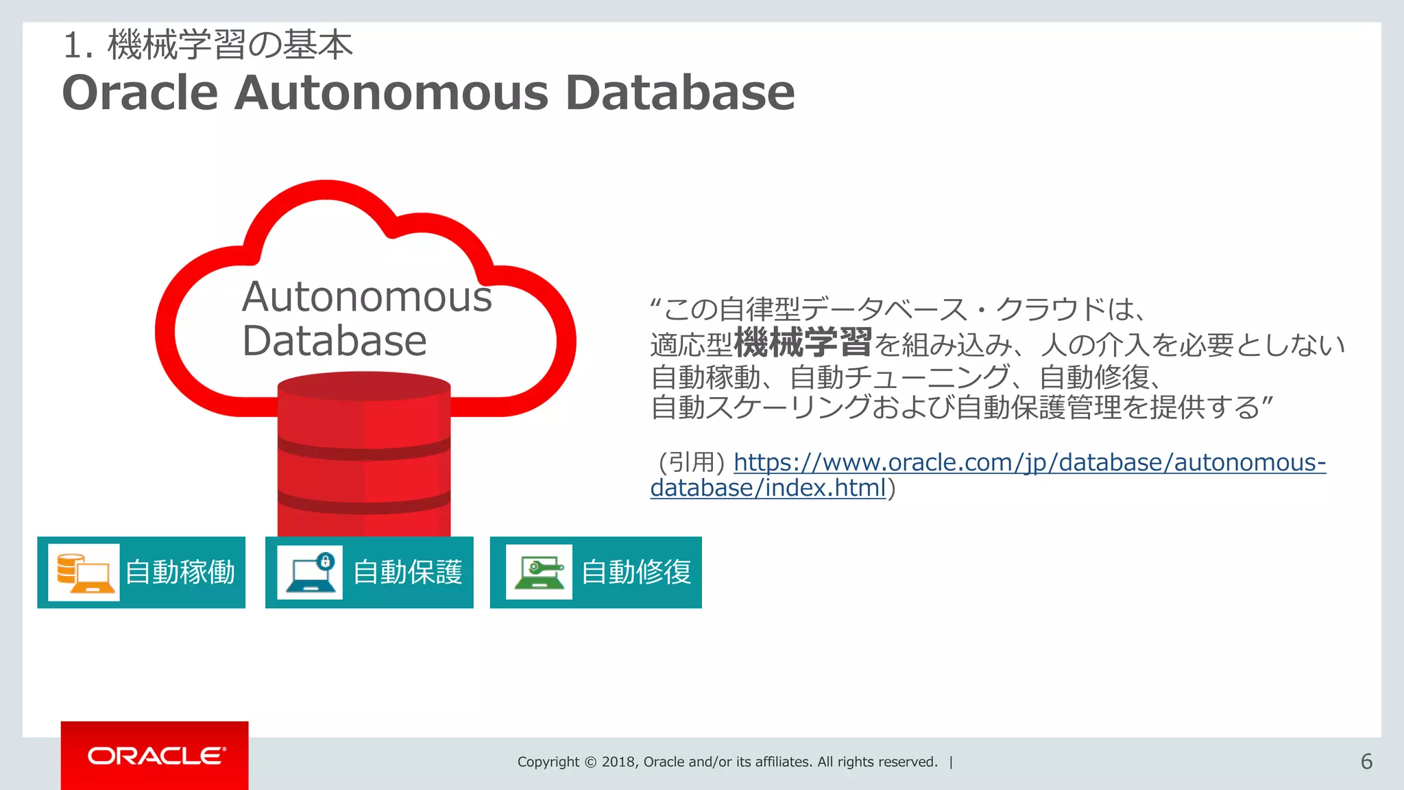 Copyright © 2018, Oracle and/or its affiliates. All rights reserved. | 66
Oracle Autonomous Database
1. 機械学習の基本
Autonomous
Database
自動稼働 自動保護 自動修復
“この自律型データベース・クラウドは、
適応型機械学習を組み込み、人の介入を必要としない
自動稼動、自動チューニング、自動修復、
自動スケーリングおよび自動保護管理を提供する”
(引用) https://www.oracle.com/jp/database/autonomous-
database/index.html)
 