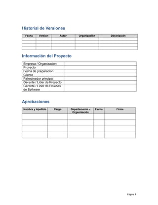 Historial de Versiones
Fecha Versión Autor Organización Descripción
Información del Proyecto
Empresa / Organización
Proyecto
Fecha de preparación
Cliente
Patrocinador principal
Gerente / Líder de Proyecto
Gerente / Líder de Pruebas
de Software
Aprobaciones
Nombre y Apellido Cargo Departamento u
Organización
Fecha Firma
Página 4
 