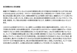 14
自己実現文化に至る要因
組織やサブ組織のトップにいる人たちは自己実現的な考え方や行動の仕方を促進することができる（ある
いはそれを止めることもできる）。マネジャーは自分自身に対して肯定的なイメージを持っており、自分の
個人的な成長に関心を持っており、物事を理解することが純粋に好きであり、組織のメンバーにも同じやり
方を取ってほしいと思っている。大事なことは、自分自身を自己実現的だとは思っていないマネジャーでも、
成長、創造性、そして個人的な満足への期待を促進することで、効果的にこの文化を創れるということで
ある。
このスタイルを促進するマネジャーは、純粋に人との関係に民主主義的な傾向を持ち、このリーダーシッ
プの取り方が非常に大きな影響を及ぼす。すなわち部下たちはマネジャーも含めて組織やグループの中
で起きていることに非常に大きな影響を及ぼしていると言うのである。このように影響力が高いということ
は、メンバーが組織の目標を必要に応じて個人の目標に置き換えているということであり、適切な水準の
挑戦とバラエティーに富んだやり方で仕事を計画し、自分自身のやり方を決めているということである。彼
らの仕事は、誰がやった仕事かすぐにわかるような仕事である傾向があり、自分の仕事といえるようなや
り方でサービスや製品を生産する。彼らの行動は相互依存的であり、目覚しいものがある。メンバーは自
分の仕事が人の仕事や、人の個人的な生活にも重要なインパクトを持っていると信じている。
非人間的な組織文化と人間的な組織文化
 