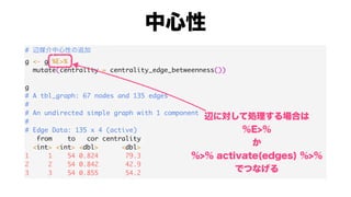 #
g <- g %E>%
mutate(centrality = centrality_edge_betweenness())
g
# A tbl_graph: 67 nodes and 135 edges
#
# An undirected simple graph with 1 component
#
# Edge Data: 135 x 4 (active)
from to cor centrality
<int> <int> <dbl> <dbl>
1 1 54 0.824 79.3
2 2 54 0.842 42.9
3 3 54 0.855 54.2
 