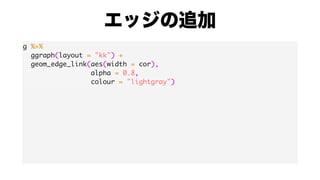 g %>%
ggraph(layout = "kk") +
geom_edge_link(aes(width = cor),
alpha = 0.8,
colour = "lightgray")
 
