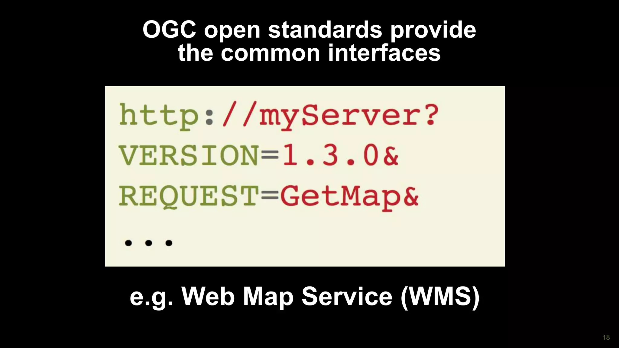 18
OGC open standards provide
the common interfaces
e.g. Web Map Service (WMS)
 