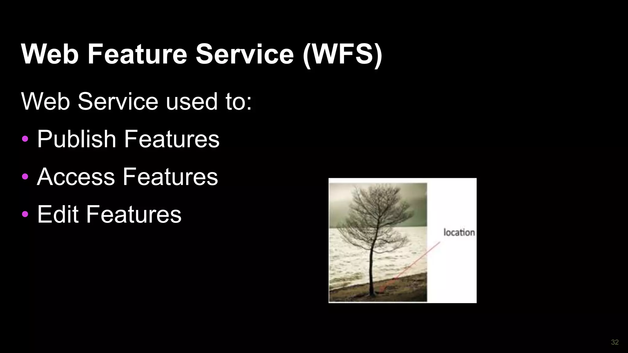32
Web Feature Service (WFS)
Web Service used to:
• Publish Features
• Access Features
• Edit Features
 