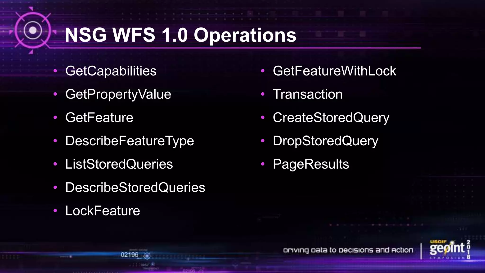 NSG WFS 1.0 Operations
• GetCapabilities
• GetPropertyValue
• GetFeature
• DescribeFeatureType
• ListStoredQueries
• DescribeStoredQueries
• LockFeature
• GetFeatureWithLock
• Transaction
• CreateStoredQuery
• DropStoredQuery
• PageResults
 