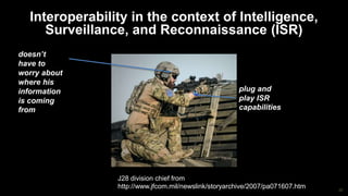 20
Interoperability in the context of Intelligence,
Surveillance, and Reconnaissance (ISR)
J28 division chief from
http://www.jfcom.mil/newslink/storyarchive/2007/pa071607.htm
doesn’t
have to
worry about
where his
information
is coming
from
plug and
play ISR
capabilities
 