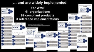 26
Standard
… and are widely implemented
For WMS
41 organizations
92 compliant products
3 reference implementations
Randomly selected complete list at
http://www.opengeospatial.org/resource/products
 