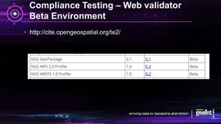 Compliance Testing – Web validator
Beta Environment
• http://cite.opengeospatial.org/te2/
 