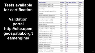 68
Tests available
for certification
Validation
portal
http://cite.open
geospatial.org/t
eamengine/
 