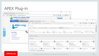 Copyright © 2018 Oracle and/or its affiliates. All rights reserved. |
APEX Plug-in
20
 