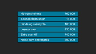 Høyrselshemma 700 000
Teiknspråkbrukarar 15 000
Blinde og svaksynte 180 000
Lesevanskar 430 000
Eldre over 67 740 000
Norsk som andrespråk 690 000
 