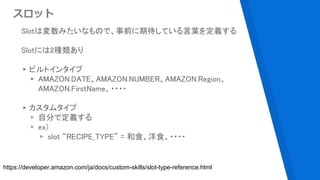 Slotは変数みたいなもので、事前に期待している言葉を定義する
Slotには2種類あり
▸ビルトインタイプ
▸ AMAZON.DATE、AMAZON.NUMBER、AMAZON.Region、
AMAZON.FirstName、・・・・
▸カスタムタイプ
▹ 自分で定義する
▹ ex)
▹ slot “RECIPE_TYPE” = 和食、洋食、・・・・
スロット
https://developer.amazon.com/ja/docs/custom-skills/slot-type-reference.html
 