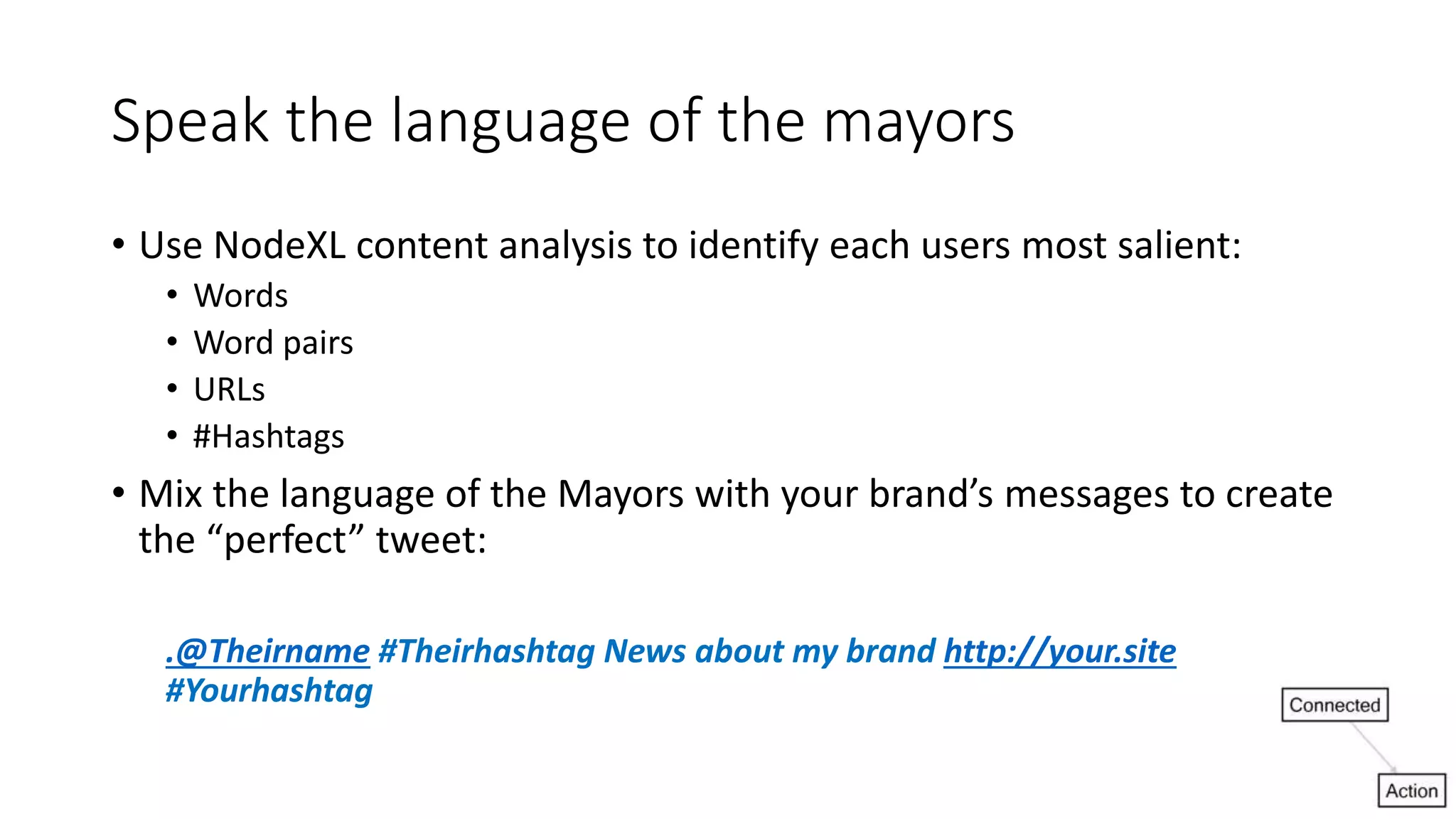 Speak the language of the mayors
• Use NodeXL content analysis to identify each users most salient:
• Words
• Word pairs
• URLs
• #Hashtags
• Mix the language of the Mayors with your brand’s messages to create
the “perfect” tweet:
.@Theirname #Theirhashtag News about my brand http://your.site
#Yourhashtag
 