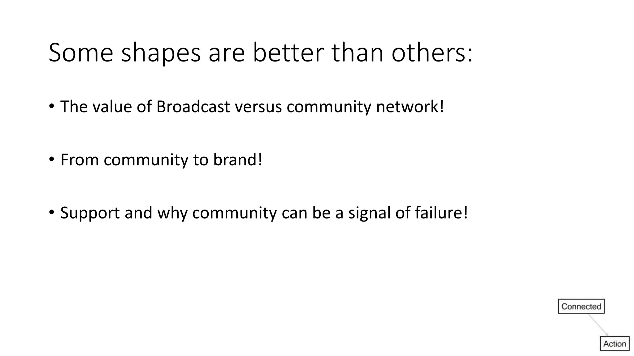 Some shapes are better than others:
• The value of Broadcast versus community network!
• From community to brand!
• Support and why community can be a signal of failure!
 