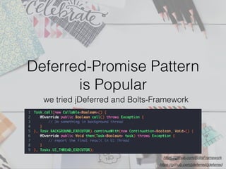 Deferred-Promise Pattern
is Popular
we tried jDeferred and Bolts-Framework
https://github.com/jdeferred/jdeferred
https://github.com/BoltsFramework
 
