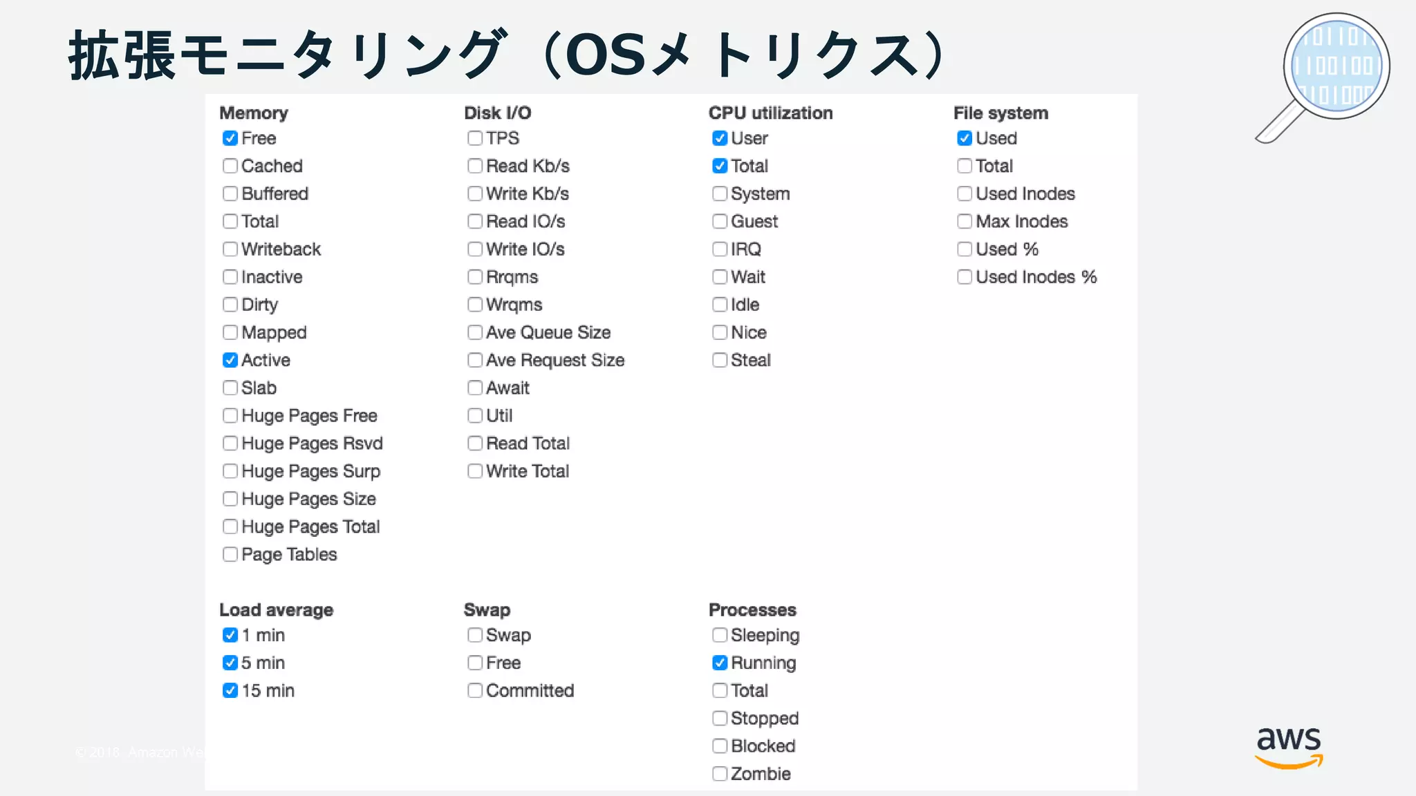© 2018, Amazon Web Services, Inc. or its Affiliates. All rights reserved.
拡張モニタリング（OSメトリクス）
 
