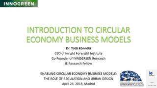 INTRODUCTION TO CIRCULAR
ECONOMY BUSINESS MODELS
Dr. Totti Könnölä
CEO of Insight Foresight Institute
Co-Founder of INNOGREEN Research
IE Research Fellow
ENABLING CIRCULAR ECONOMY BUSINESS MODELS:
THE ROLE OF REGULATION AND URBAN DESIGN
April 26, 2018, Madrid
 