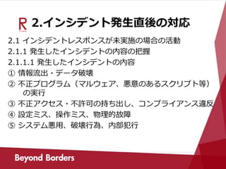 2.インシデント発生直後の対応
2.1 インシデントレスポンスが未実施の場合の活動
2.1.1 発⽣したインシデントの内容の把握
2.1.1.1 発⽣したインシデントの内容
① 情報流出・データ破壊
② 不正プログラム（マルウェア、悪意のあるスクリプト等）
の実⾏
③ 不正アクセス・不許可の持ち出し、コンプライアンス違反
④ 設定ミス、操作ミス、物理的故障
⑤ システム悪⽤、破壊⾏為、内部犯⾏
 