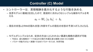 Controller (C) Model
• コントローラーは，累積報酬を最大化するような行動を決める．
– 世界モデルに複雑さを託したので，意図的に次のようなシンプルな線形モデルを考
える．
– 現在の状態zとRNNの隠れ状態（内部モデルの現在の状態の予測）hが入力となる．
– モデルがシンプルなため，従来の方法にとらわれない最適化戦略の選択が可能
• 今回は，進化戦略の一つである共分散行列適応進化戦略（CMA-ES）を選択
• パラメータ数が少ない（実験1では867パラメータ）ため，利用可能
15
 