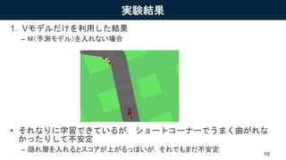 実験結果
1. Vモデルだけを利用した結果
– M（予測モデル）を入れない場合
• それなりに学習できているが，ショートコーナーでうまく曲がれな
かったりして不安定
– 隠れ層を入れるとスコアが上がるっぽいが，それでもまだ不安定 19
 