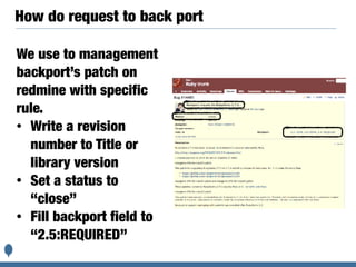 How do request to back port
We use to management
backport’s patch on
redmine with specific
rule.
• Write a revision
number to Title or
library version
• Set a status to
“close”
• Fill backport field to
“2.5:REQUIRED”
 