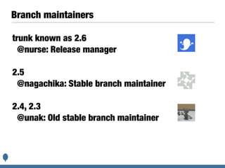 Branch maintainers
trunk known as 2.6
@nurse: Release manager
2.5
@nagachika: Stable branch maintainer
2.4, 2.3
@unak: Old stable branch maintainer
 