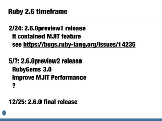 2/24: 2.6.0preview1 release
It contained MJIT feature
see https://bugs.ruby-lang.org/issues/14235
5/?: 2.6.0preview2 release
RubyGems 3.0
Improve MJIT Performance
?
12/25: 2.6.0 final release
Ruby 2.6 timeframe
 