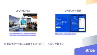 対面販売でもStripe実装をしたソリューションが続々と
スマプレPAY
http://thebridge.jp/2017/08/smartplate-pay-
testing-launched-at-beachside-clubhouse
ONEPAYMENT
https://www.onepay.tokyo/pay
 