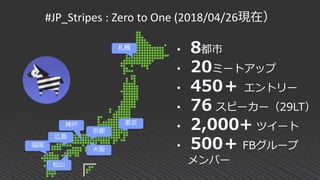 #JP_Stripes : Zero to One (2018/04/26現在）
東京
京都
大阪
神戸
福岡
松山
• 8都市
• 20ミートアップ
• 450＋ エントリー
• 76 スピーカー（29LT）
• 2,000+ ツイート
• 500＋ FBグループ
メンバー
広島
札幌
 