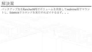 解決案
バックアップ先をRancherNFSでボリュームを用意してredmine側でマウン
トし、Sidekickでコマンドを実行すればイケるはず。。。
 