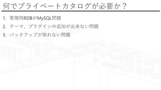 何でプライベートカタログが必要か？
1. 管理用RDBがMySQL問題
2. テーマ、プラグインの追加が出来ない問題
3. バックアップが取れない問題
 