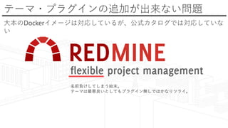 テーマ・プラグインの追加が出来ない問題
大本のDockerイメージは対応しているが、公式カタログでは対応していな
い
名前負けしてしまう始末。
テーマは最悪良いとしてもプラグイン無しではかなりツライ。
 