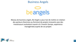 Business Angels
19
Réseau de business angels, Be Angels a pour but de mettre en relation
des porteurs (hommes ou femmes) de projets innovants avec des
investisseurs souhaitant investir et s’investir (temps, expérience
managériale) auprès de ces projets
 