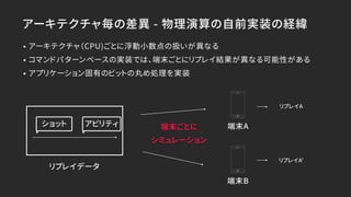 アーキテクチャ毎の差異 - 物理演算の自前実装の経緯
• アーキテクチャ（CPU)ごとに浮動小数点の扱いが異なる
• コマンドパターンベースの実装では、端末ごとにリプレイ結果が異なる可能性がある
• アプリケーション固有のビットの丸め処理を実装
端末ごとに 
シミュレーション
端末A
端末B
ショット アビリティ
リプレイデータ
リプレイA
リプレイA’
 