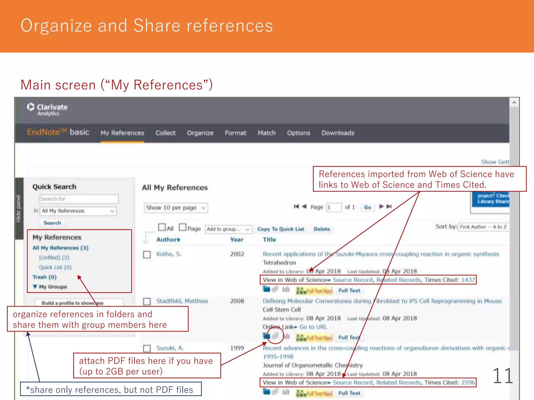 11
Organize and Share references
Main screen (“My References”)
organize references in folders and
share them with group members here
attach PDF files here if you have
(up to 2GB per user)
References imported from Web of Science have
links to Web of Science and Times Cited.
*share only references, but not PDF files
 
