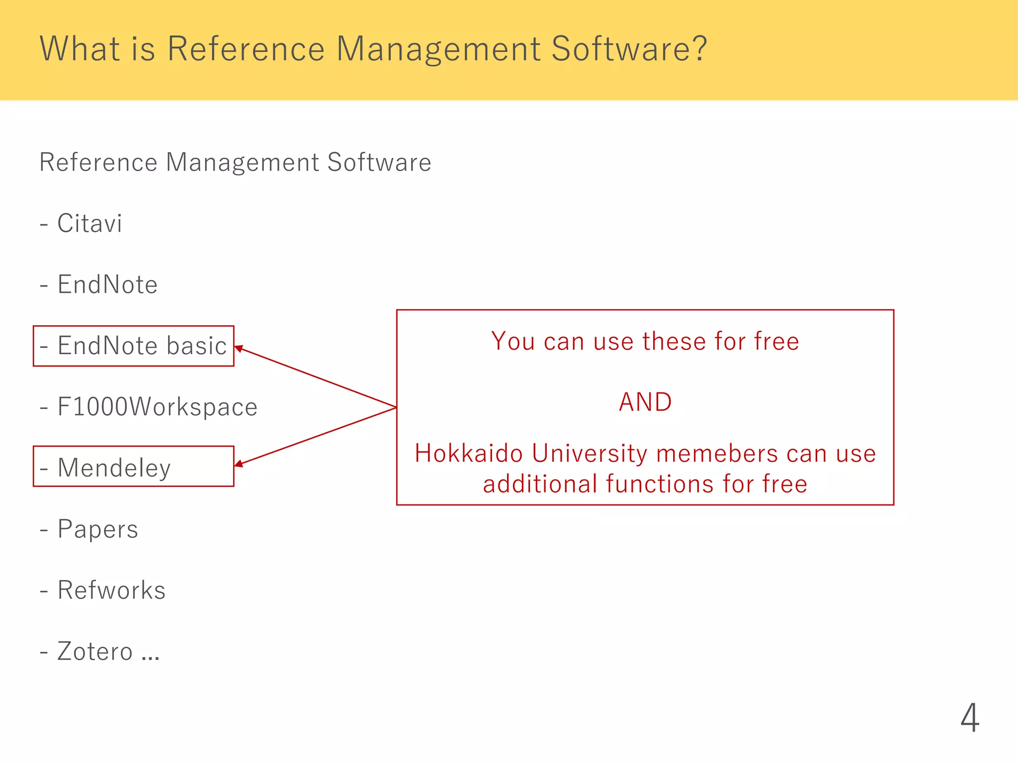 Reference Management Software
- Citavi
- EndNote
- EndNote basic
- F1000Workspace
- Mendeley
- Papers
- Refworks
- Zotero ...
What is Reference Management Software?
4
You can use these for free
AND
Hokkaido University memebers can use
additional functions for free
 