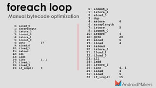foreach loop 0: lconst_0
1: lstore_1
2: aload_0
3: dup
4: astore 6
6: arraylength
7: istore 5
9: iconst_0
10: istore 4
12: goto 29
15: aload 6
17: iload 4
19: iaload
20: istore_3
21: lload_1
22: iload_3
23: i2l
24: ladd
25: lstore_1
26: iinc 4, 1
29: iload 4
31: iload 5
33: if_icmplt 15
0: aload_0
1: arraylength
2: istore_3
3: iconst_0
4: istore_1
5: lconst_0
6: goto 17
9: aload_0
10: iload_1
11: iaload
12: i2l
13: ladd
14: iinc 1, 1
17: iload_1
18: iload_3
19: if_icmplt 9
Manual bytecode optimization
 