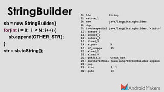 StringBuilder
sb = new StringBuilder()
for(int i = 0; i < N; i++) {
sb.append(OTHER_STR);
}
str = sb.toString();
0: ldc String
2: astore_1
3: new java/lang/StringBuilder
6: dup
7: invokespecial java/lang/StringBuilder."<init>"
10: astore_2
11: iconst_0
12: istore_3
13: iload_3
14: sipush N
17: if_icmpge 35
20: aload_2
21: aload_0
22: getfield OTHER_STR
25: invokevirtual java/lang/StringBuilder.append
28: pop
29: iinc 3, 1
32: goto 13
 