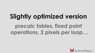 Slightly optimized version
precalc tables, fixed point
operations, 2 pixels per loop…
 