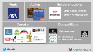 Competitions
Work
2015 Local winner
2016+ Ambassador
2016 Runner up
2018 Honorable mention
Demoscene
Speaker
Author Entrepreneurship
@rrafols
 