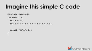 Imagine this simple C code
#include <stdio.h>
int main() {
int a = 10;
int b = 1 + 2 + 3 + 4 + 5 + 6 + a;
printf("%dn", b);
}
 