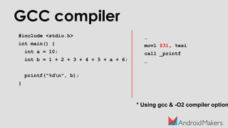 GCC compiler
#include <stdio.h>
int main() {
int a = 10;
int b = 1 + 2 + 3 + 4 + 5 + a + 6;
printf("%dn", b);
}
…
movl $31, %esi
call _printf
…
* Using gcc & -O2 compiler option
 